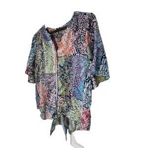 Chicos Shirt 1 Medium Multicolor Patchwork 3/4 Sleeve Boho Maximalist Tie